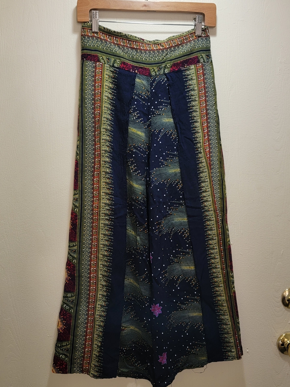 Navy Floral Border Wide Leg Pants With Slits
